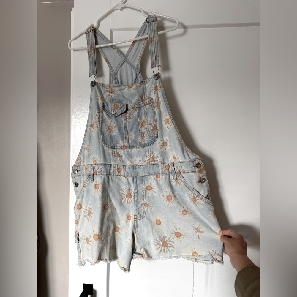 Short denim floral overalls